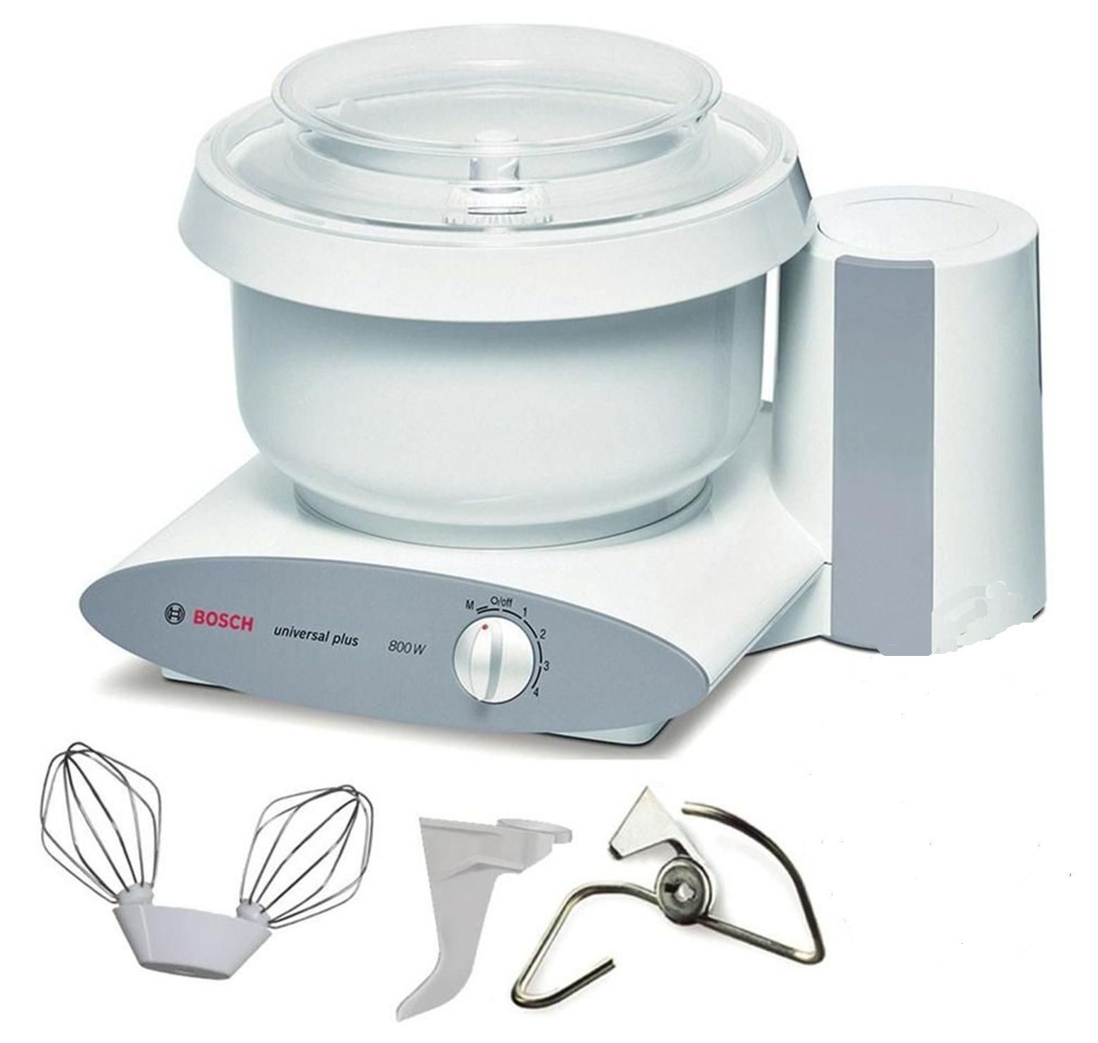 White Bosch Mixer with dough hook, extention and wire whips