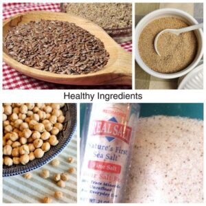 Healthy Ingredients Collage: Flax Seeds, Dehydrated Cane Juice Granules, Garbanzo Beans, Redmond Real Salt