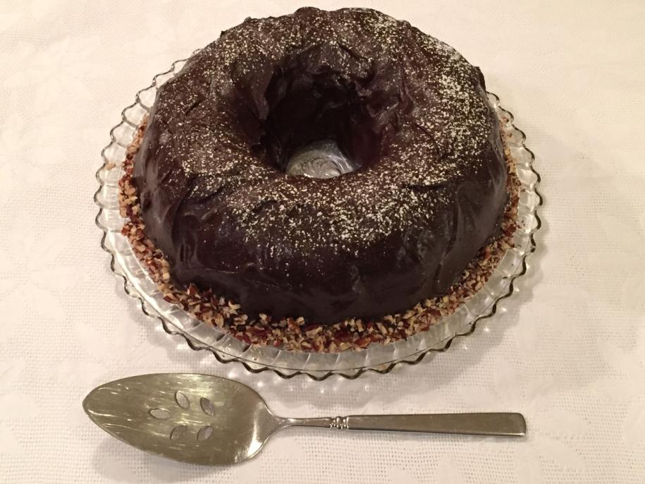Chocolicious Bunt Cake on Glass Plate wCake Cutter