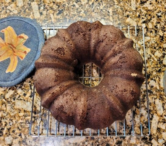 Chocolate Bunt Cake Cooling on a rack