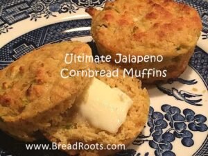 Jalapeno Cornbread Muffin with Butter on a blue and white plate