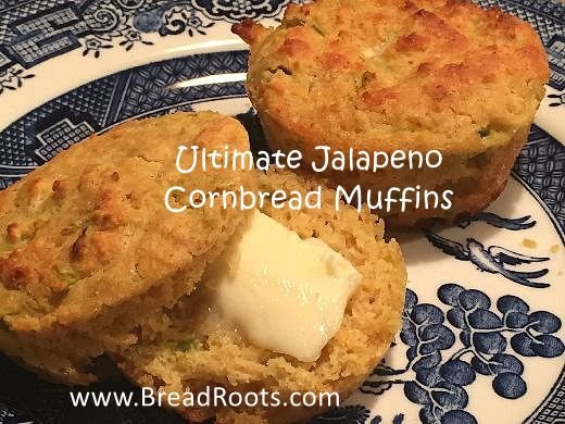 Jalapeno Cornbread Muffin with Butter on a blue and white plate
