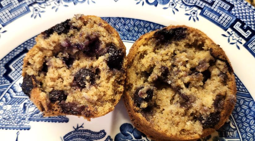 Sliced open oatmeal blueberry muffin