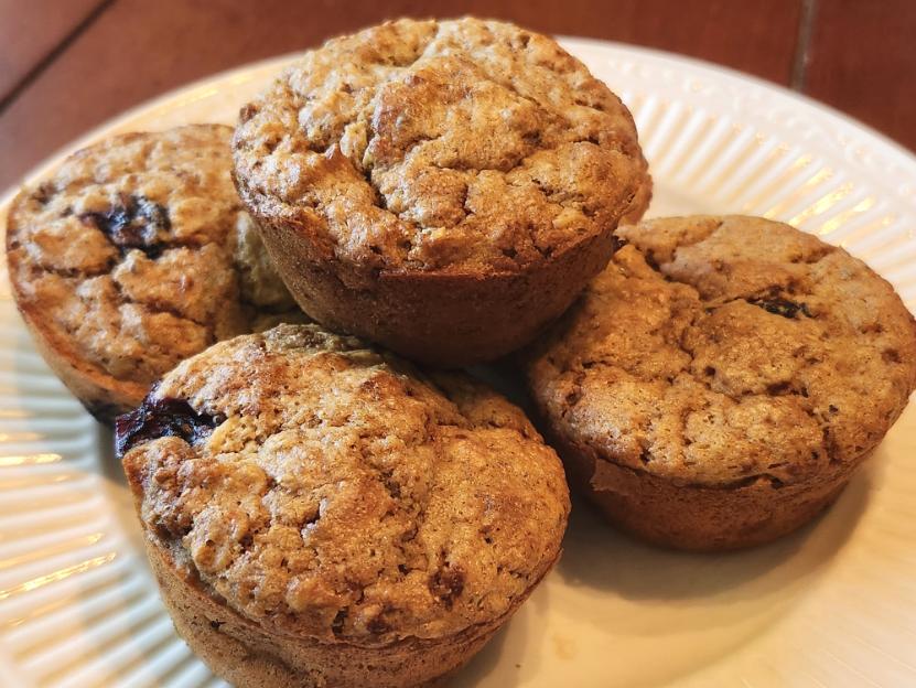 Stack of blueberry oatmeal muffins